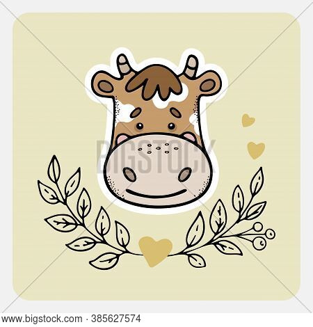 Cow, Ox. Cute Funny Hand Drawn Animal With Hearts, Leaves And Branches. Cartoon Doodle Sketch Style.