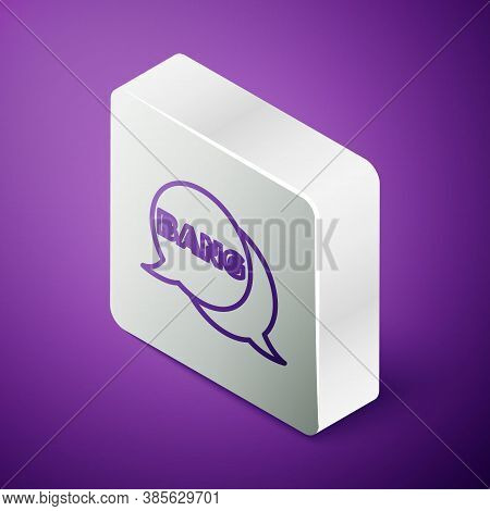 Isometric Line Bang Boom, Gun Comic Text Speech Bubble Balloon Icon Isolated On Purple Background. S