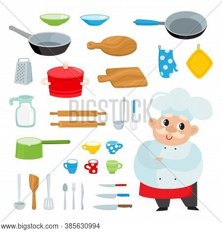 Cartoon Kitchen Tools Set Isolated On White.
