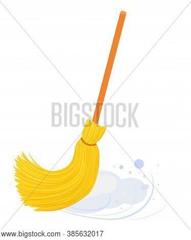 Yellow Broom With Long Wooden Handle Sweeping Floor. Broom Isolated On White, Household Implement Fr