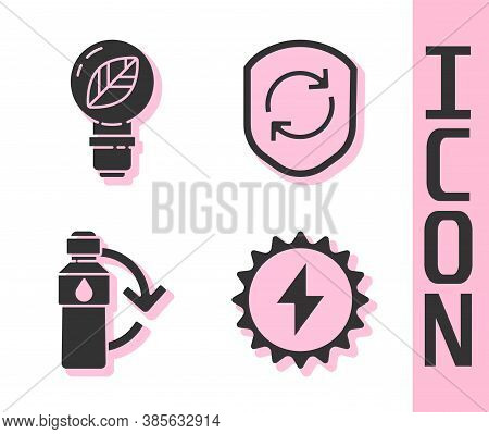 Set Solar Energy Panel, Light Bulb With Leaf, Recycling Plastic Bottle And Recycle Symbol Inside Shi