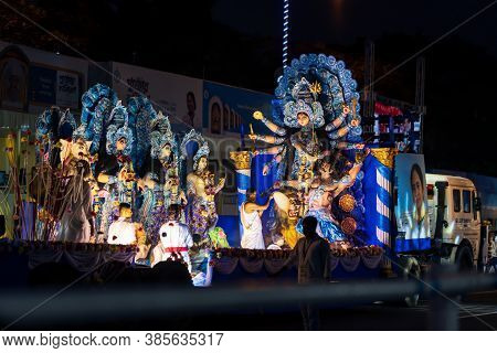 Kolkata, India, October, 2019 : Priest Worshiping And Devotees Praying To Goddess Durga. Durga Puja 