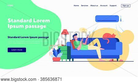 Young Man Relaxing At Couch Under Air Conditioner Flat Vector Illustration. Cartoon Guy In Cold Room