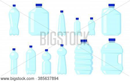 Various Water Plastic Bottles Flat Icon Set. Beverage Different Packaging And Liter Containers Isola