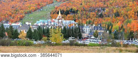 MONT TREMBLANT, QUEBEC -12 OCTOBER 2019- Aerial view of Mont Tremblant village and Lac Tremblant, is four season holiday destination.