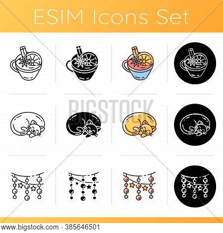 Hyggelig Atmosphere Icons Set. Winter Hot Drinks. Mulled Wine. Christmas Light Garlands. Cat Nap. Cu