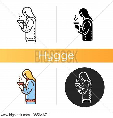 Girl With Hot Drink In Mug Icon. Calm Atmosphere Enjoying. Woman In Cozy Sweater. Hyggelig Lifestyle