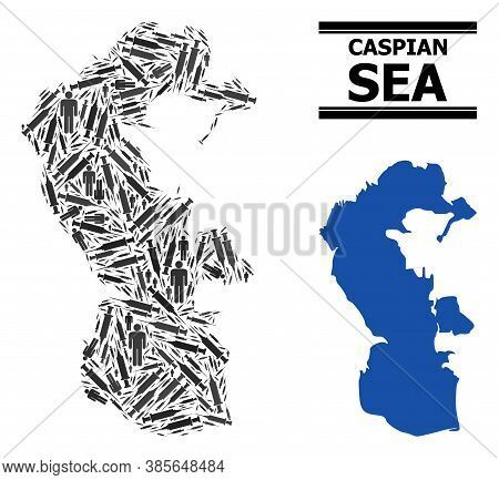 Vaccine Mosaic And Solid Map Of Caspian Sea. Vector Map Of Caspian Sea Is Created From Vaccine Symbo