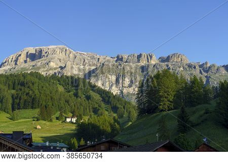 Mountain Landscape At Summer From The Village Of Arabba, Dolomites, Belluno Province, Veneto, Italy.
