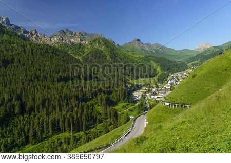Mountain Landscape At Summer Along The Road To Campolongo Pass, Dolomites, Belluno Province, Veneto,
