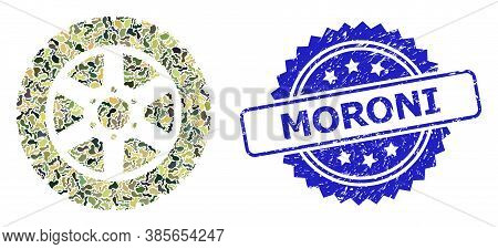 Military Camouflage Combination Of Tire Wheel, And Moroni Unclean Rosette Stamp Seal. Blue Stamp Sea