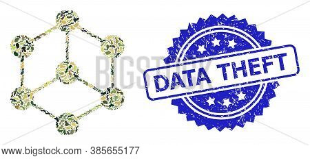 Military Camouflage Collage Of Isometric Cube, And Data Theft Grunge Rosette Stamp Seal. Blue Stamp 