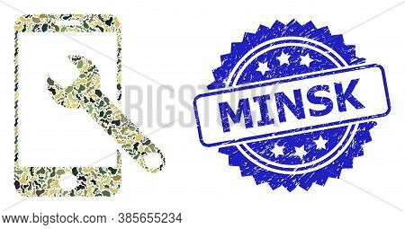 Military Camouflage Combination Of Smartphone Repair, And Minsk Corroded Rosette Stamp Seal. Blue St