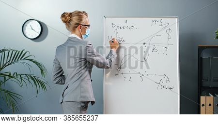 Caucasian Young Woman Teacher In Medical Mask At School Writing Formulas And Mahematics Laws On Blac