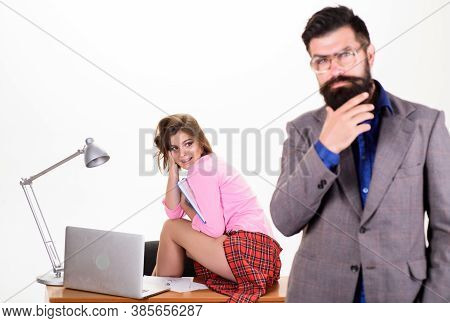 Woman Fantasizing About Coworker. Man Bearded Boss Stand In Front Of Sexy Girl Working Laptop. Offic