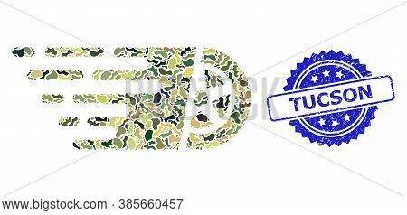 Military Camouflage Collage Of Car Wheel, And Tucson Textured Rosette Stamp Seal. Blue Stamp Seal In