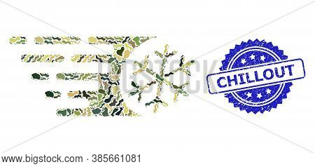 Military Camouflage Combination Of Fast Freezing, And Chillout Dirty Rosette Stamp Seal. Blue Stamp 