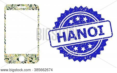Military Camouflage Composition Of Smartphone, And Hanoi Dirty Rosette Seal Imitation. Blue Stamp Se