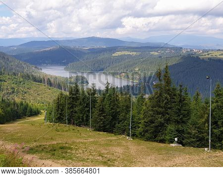 Marisel Ski Slope And Belis Lake In Summer On Sunny Day, Romania. Apuseni Mountains Scene, Cluj Coun