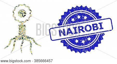 Military Camouflage Collage Of Virus Cell, And Nairobi Rubber Rosette Stamp Seal. Blue Seal Includes