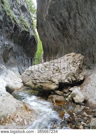 Cheile Rametului Gorges Wild Natural Park River Area. Waterfall On Small River In Dense Forest In Al