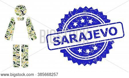 Military Camouflage Collage Of Worker Person, And Sarajevo Rubber Rosette Seal Print. Blue Stamp Sea