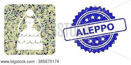 Military Camouflage Composition Of Bride, And Aleppo Corroded Rosette Stamp. Blue Stamp Seal Contain