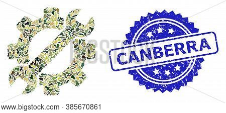 Military Camouflage Combination Of Service Tool, And Canberra Grunge Rosette Stamp Seal. Blue Seal I