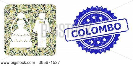 Military Camouflage Collage Of Wedding Couple, And Colombo Unclean Rosette Stamp Seal. Blue Seal Con