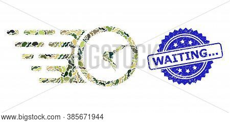Military Camouflage Combination Of Clock, And Waiting... Scratched Rosette Stamp. Blue Stamp Seal Co