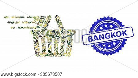 Military Camouflage Composition Of Shopping Basket, And Bangkok Textured Rosette Stamp Seal. Blue Se
