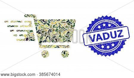 Military Camouflage Collage Of Shopping Cart, And Vaduz Unclean Rosette Stamp. Blue Stamp Seal Inclu