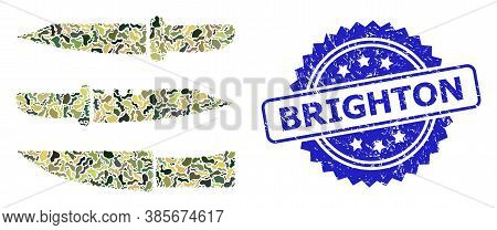 Military Camouflage Composition Of Knives, And Brighton Rubber Rosette Seal. Blue Seal Includes Brig