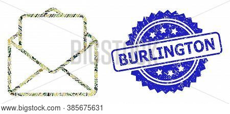 Military Camouflage Combination Of Open Letter, And Burlington Textured Rosette Stamp Seal. Blue Sta