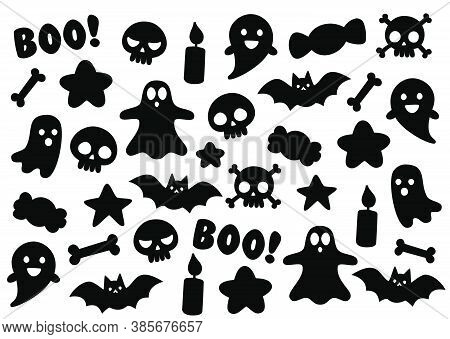 Set Of Halloween Icon Black Silhouette Trick Or Treat