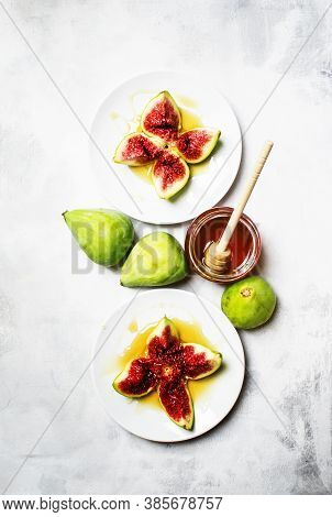 Sweet Fresh Figs With Honey, Gray Background, Top View