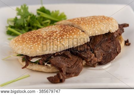 Detail View Of Appetizing Plate Tempting The Tastebuds With Beef Sandwich In Sesame Bun In Perfect S