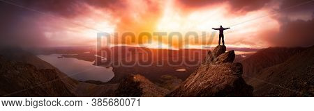 Magical Fantasy Adventure Composite Of Man Hiking On Top Of A Rocky Mountain Peak. Background Landsc