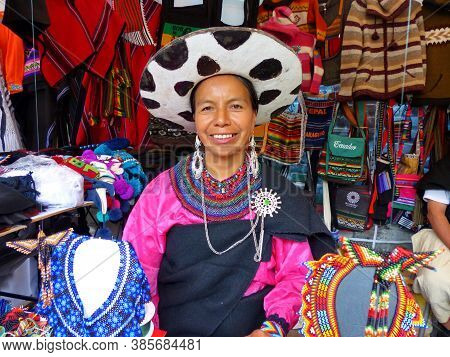 Cuenca, Ecuador - November 1, 2016: Woman Of Ethnic Group Saraguro, Province Loja, In Traditional Co