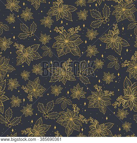 Seamless Christmas Pattern With Gold Poinsettia, Holly, Mistletoe And Berries On The Dark Background