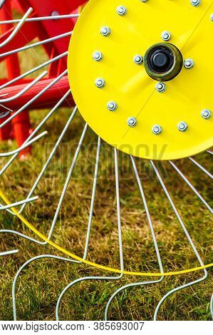 Tractor With Rotary Wheel Hay Rake, Agriculture Machine, Detail View