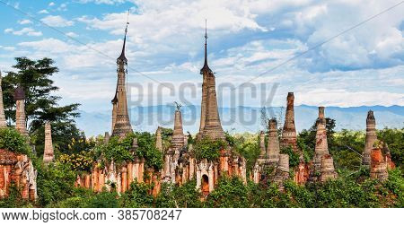 Ruins Of Ancient Stupas Of Shwe Indein Pagoda Over Blue Sky. Indein Village, Inle Lake, Shan State, 