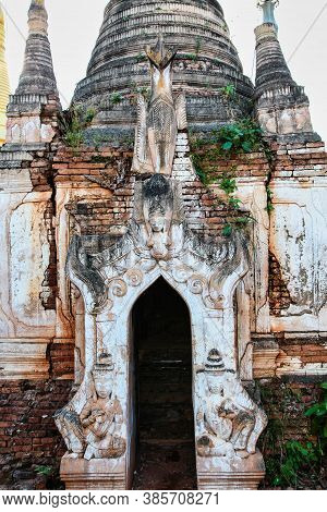 Ruins Of Ancient Stupas Of Shwe Indein Pagoda Over Blue Sky. Indein Village, Inle Lake, Shan State, 