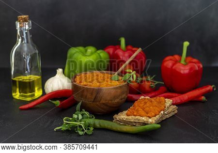 Roasted Red Pepper Relish Ajvar Or Aivar. Traditional Balkan Vegetable Caviar With Green And Red Bel