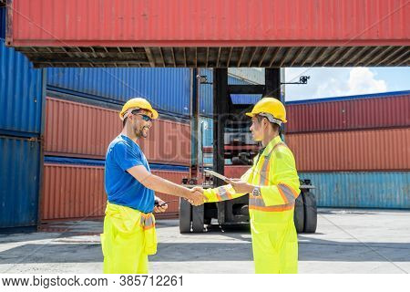Container Worker Working Together At Cargo Freight Logistic Warehouse For Import Export,teamwork Con