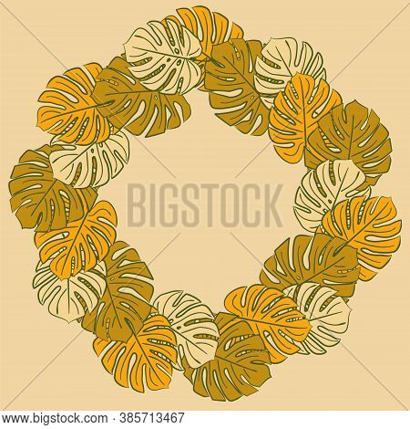 Vector Pattern With Monstera Leaves. Yellow, Green And Beige Leaves On A Light Background. Monster R