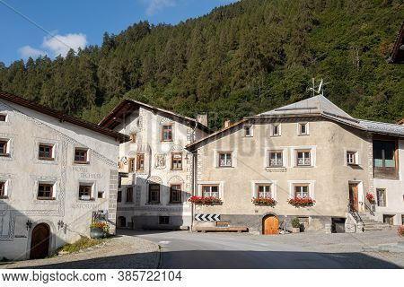 Mustair, Switzerland - September 8, 2020: Mustair Is A Village In A Swiss Canton Graubunden. Traditi