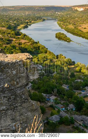 View to Socola village and Dniester river from the high cliff, Soldanesti district, Moldova