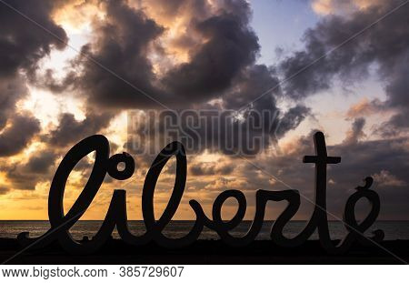 Batumi, Georgia. September 13, 2020 Large Inscription Liberte On The Beach