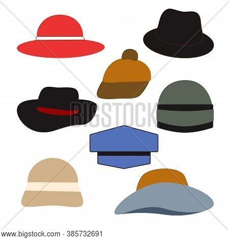 Vector Stock Set Hats. Outline Isolated On White Background Flat Style  Print On Paper, Fabric, Cera